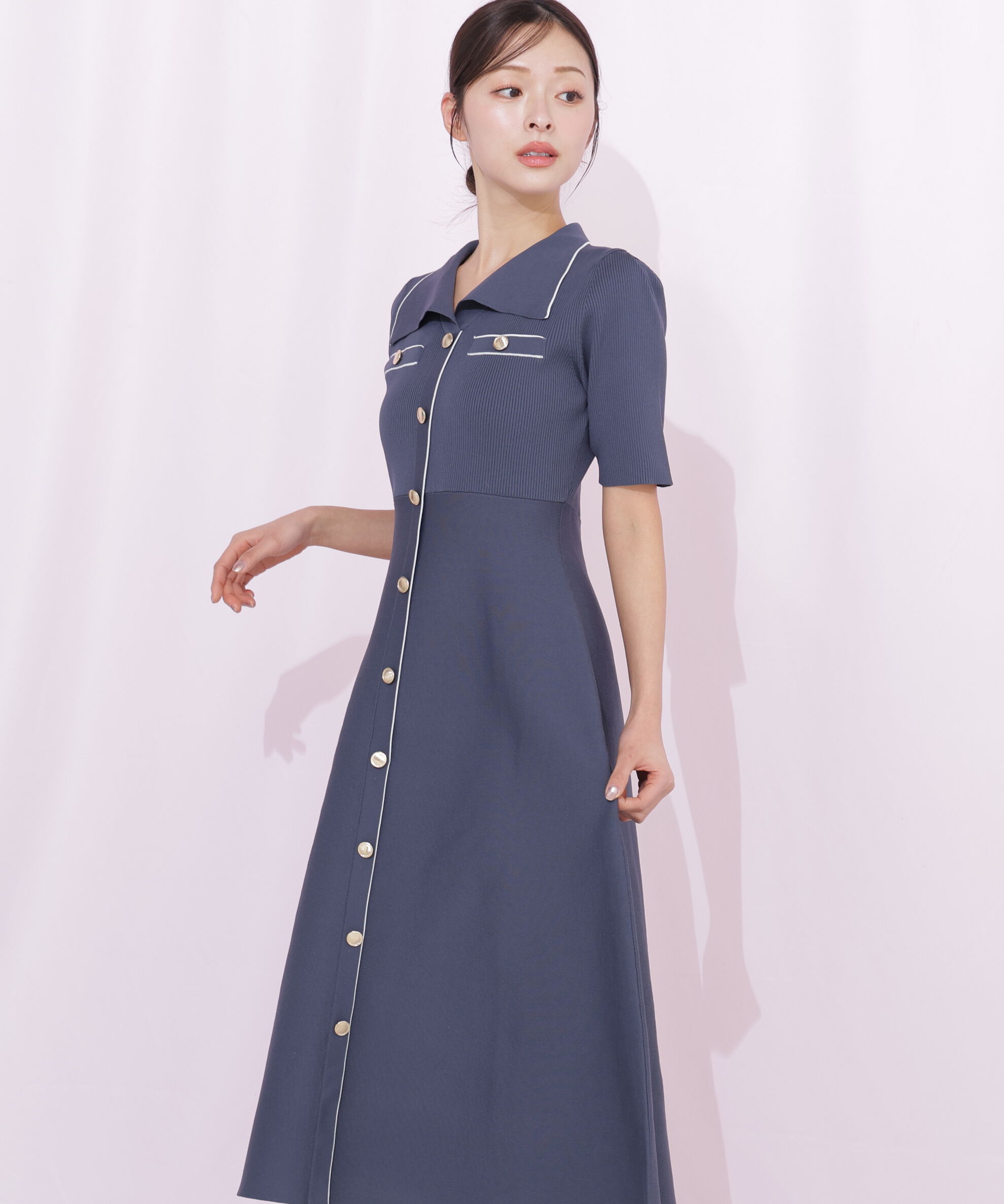  「開襟配色ニットワンピース」|ワンピース|