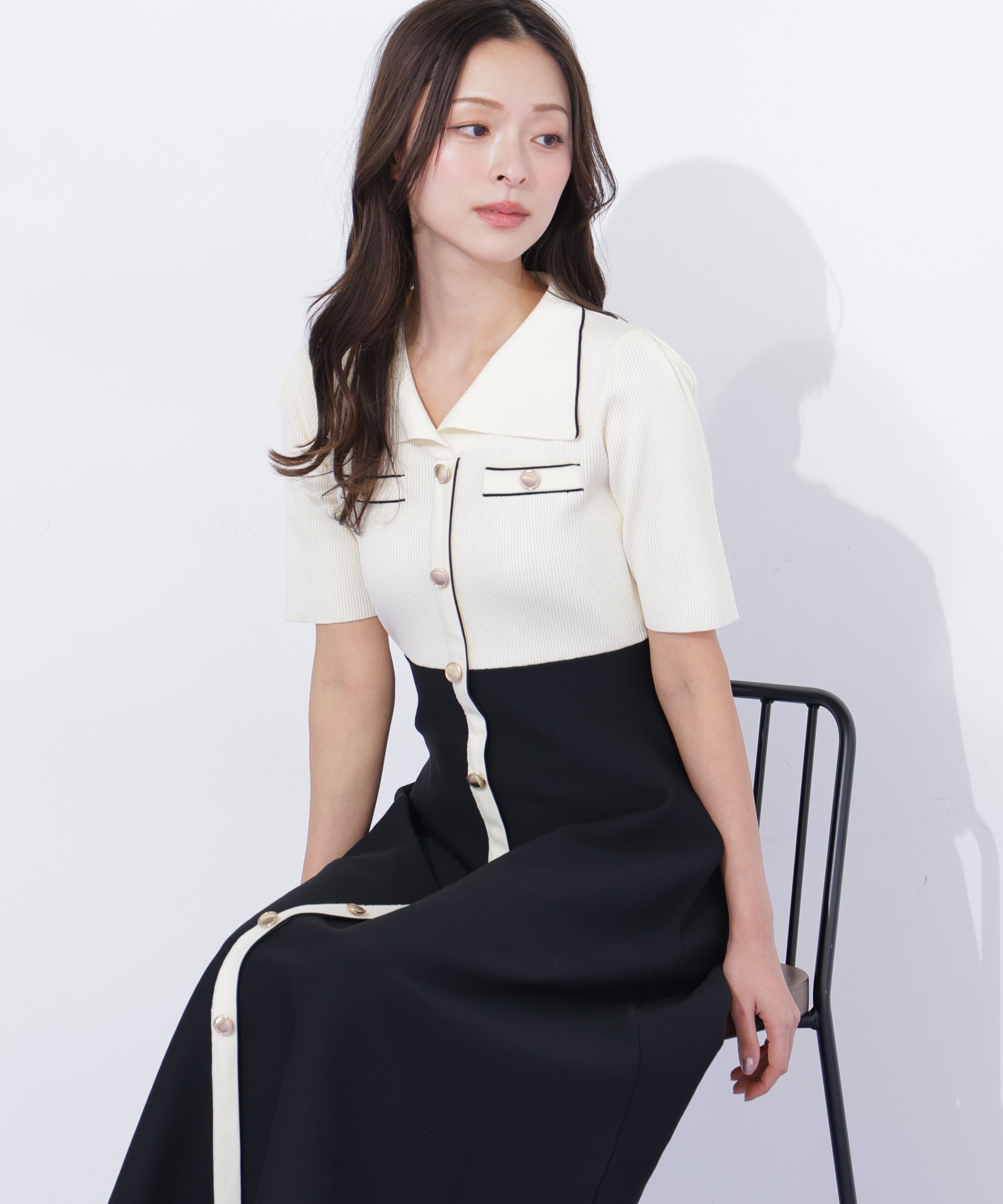  「開襟配色ニットワンピース」|ワンピース|ホワイト1