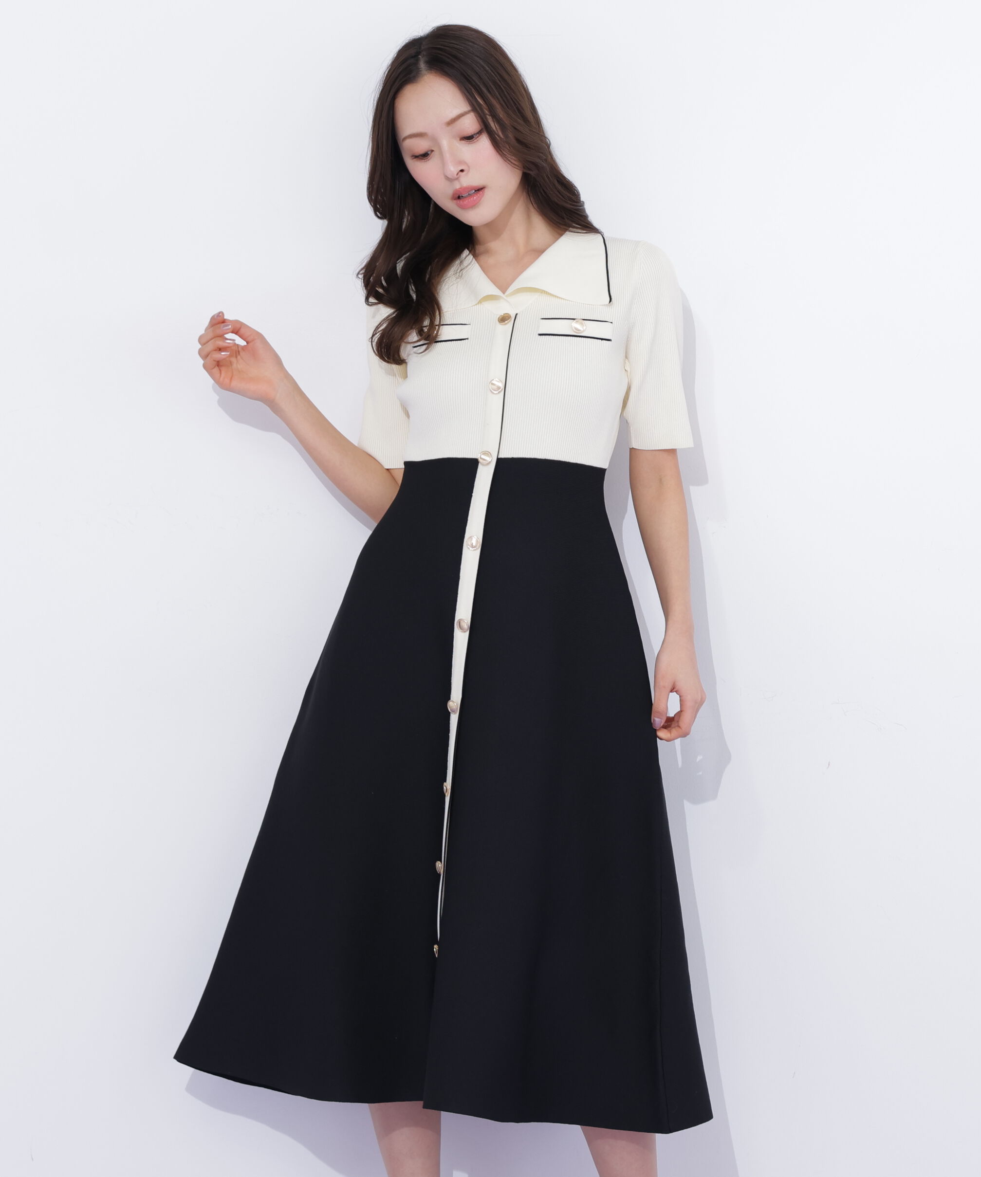  「開襟配色ニットワンピース」|ワンピース|