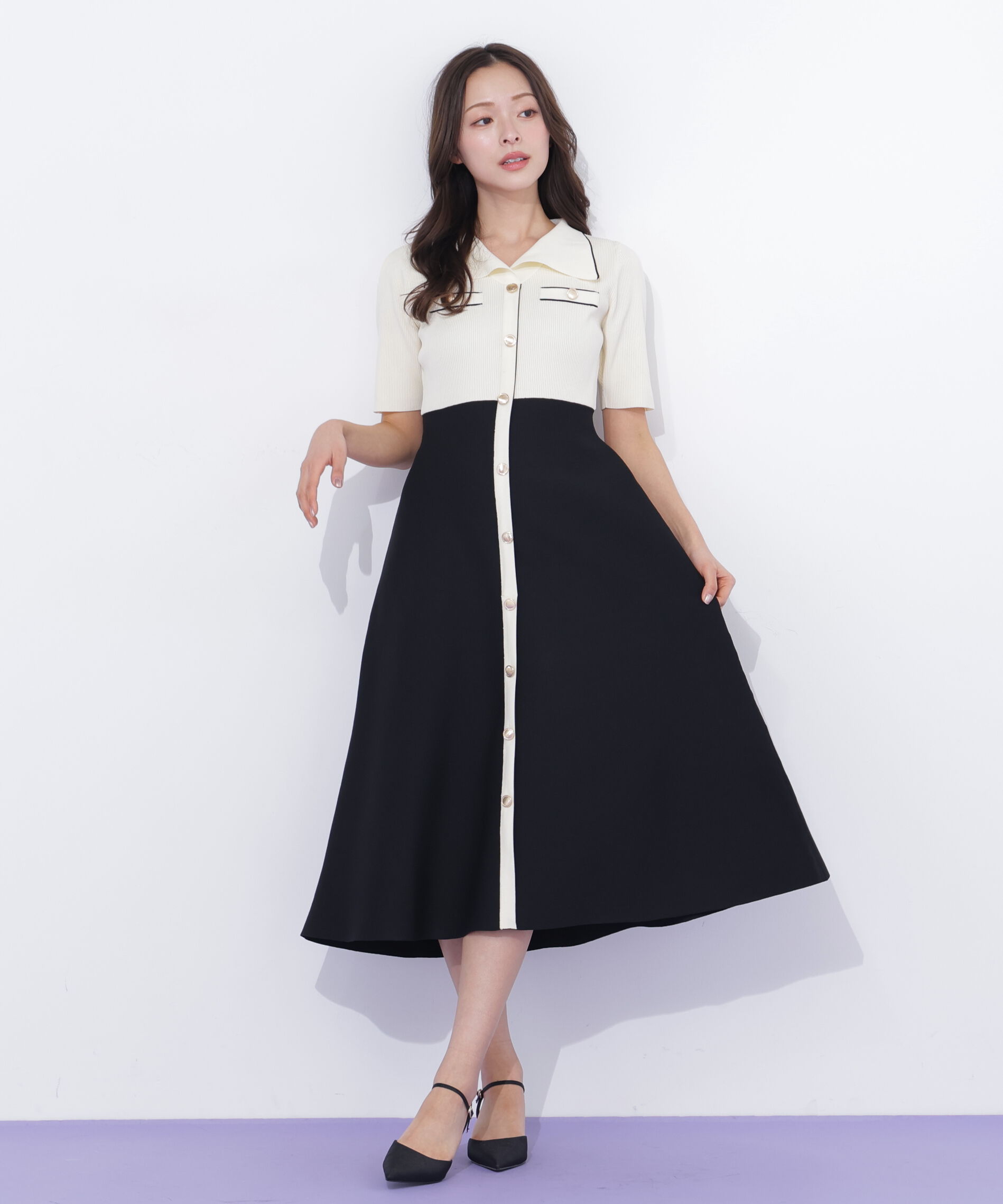  「開襟配色ニットワンピース」|ワンピース|