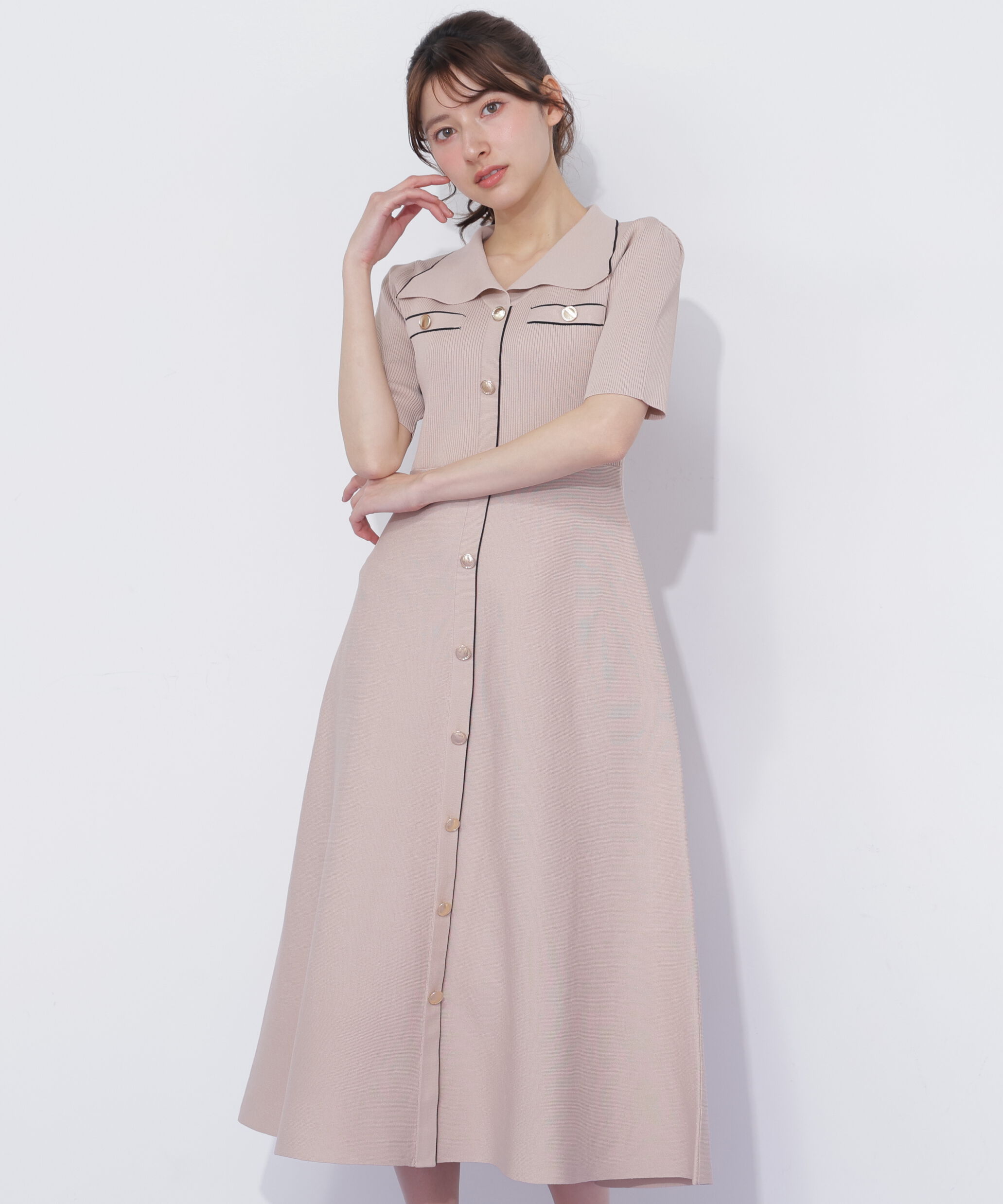  「開襟配色ニットワンピース」|ワンピース|ピンク