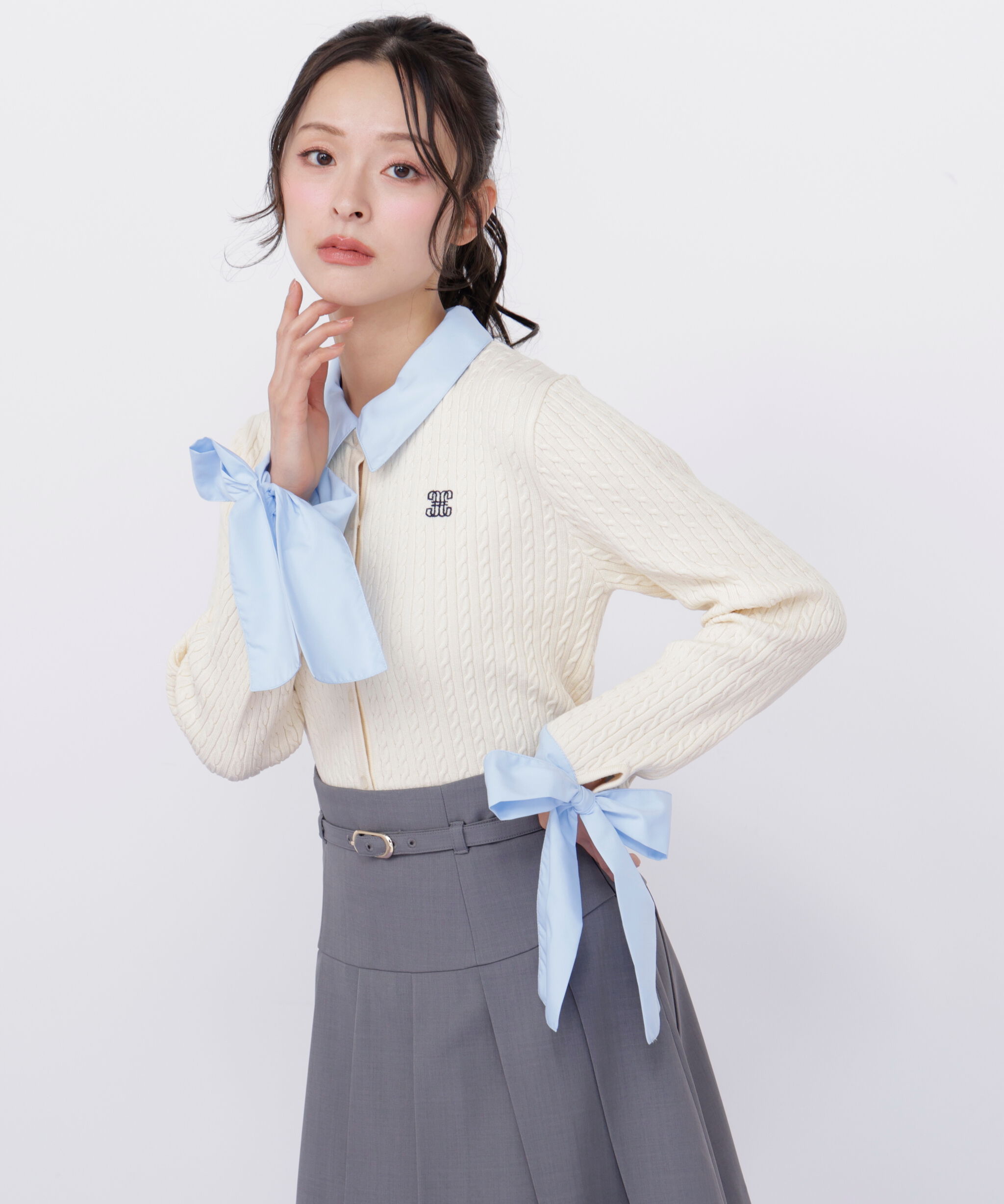  「袖リボンケーブルカーディガン」|ニット・セーター|