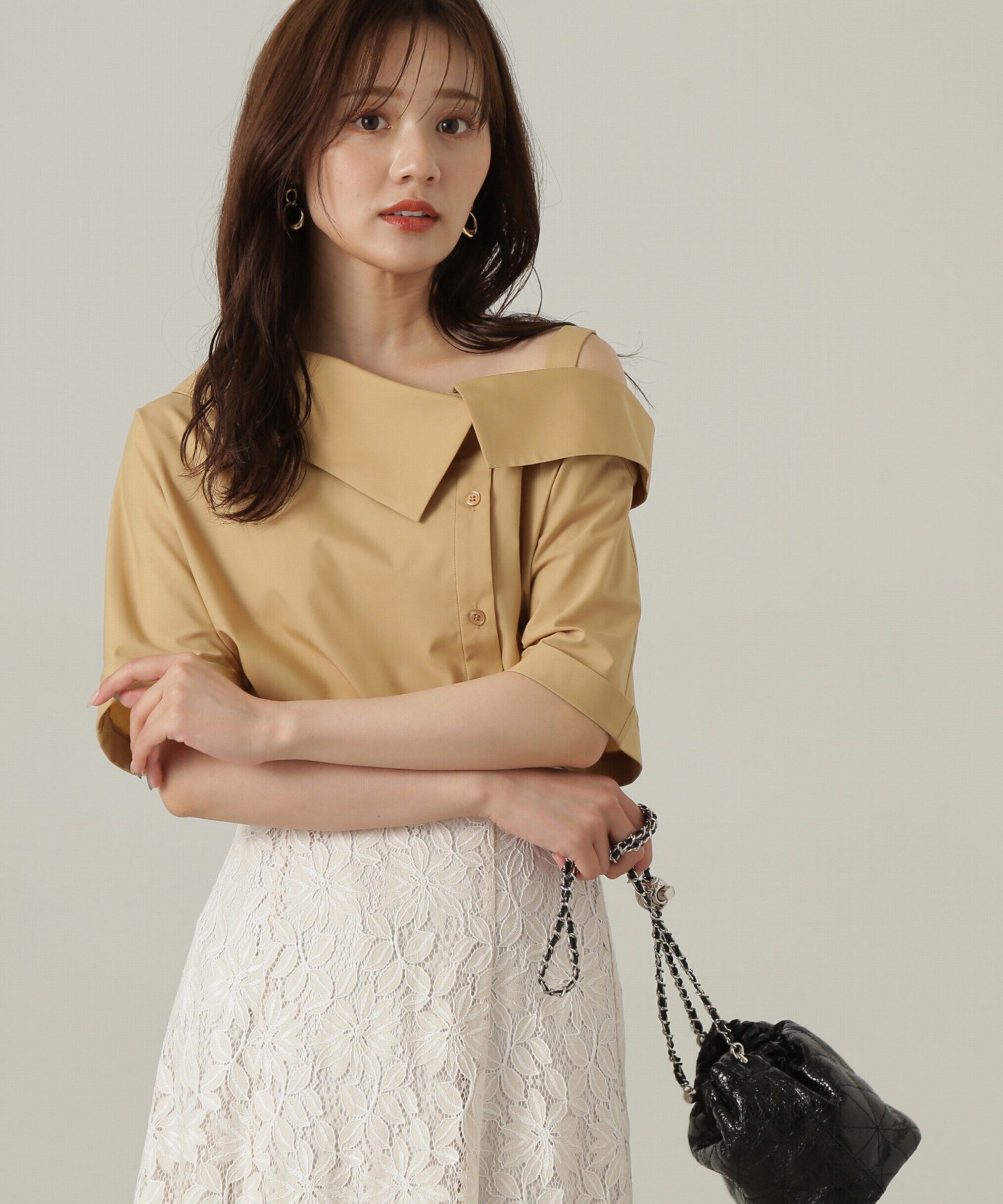 PROPORTION BODY DRESSING「アシンメトリー5分袖シャツブラウス24AW」|シャツ・ブラウス|キャメル1
