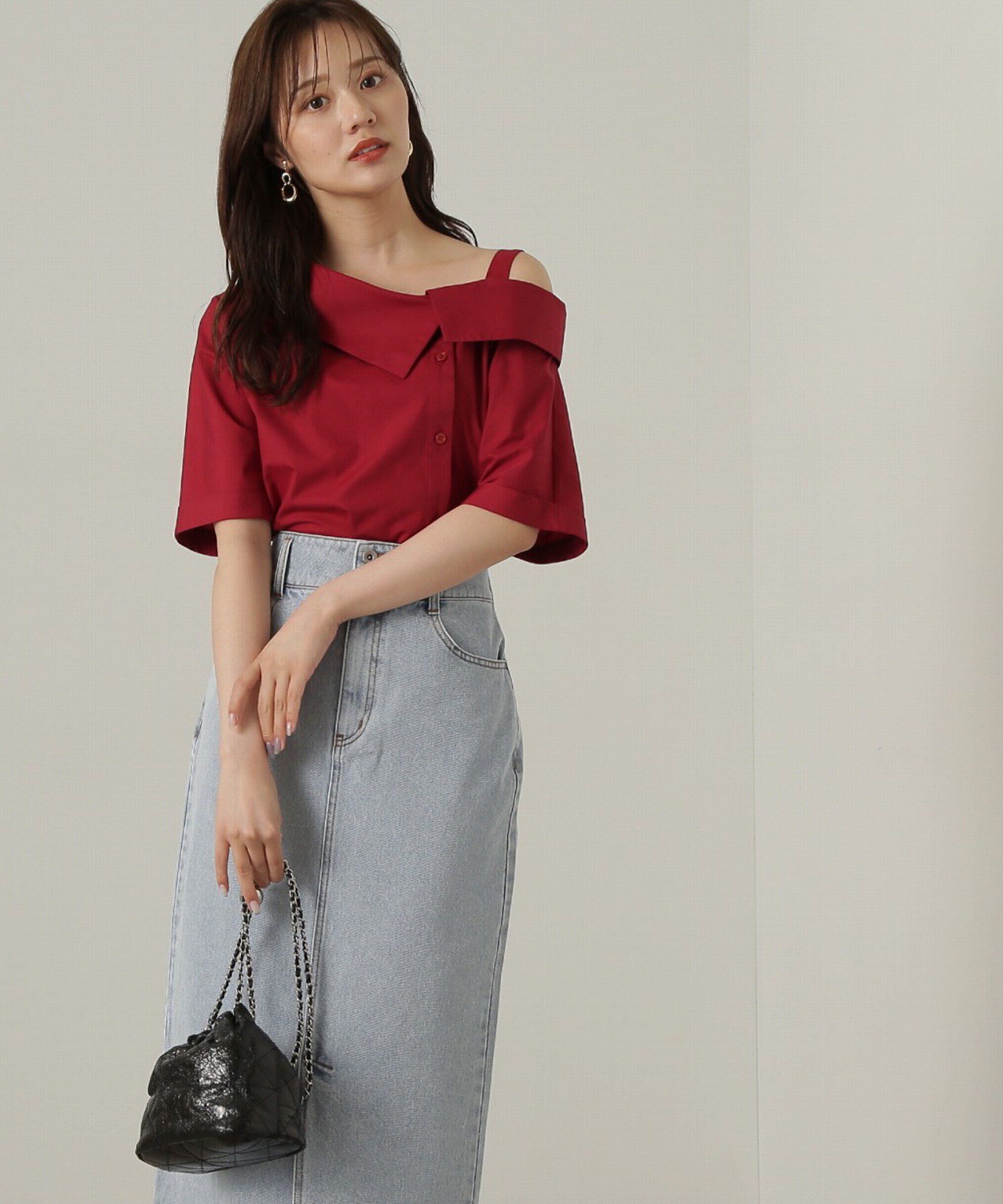 PROPORTION BODY DRESSING「アシンメトリー5分袖シャツブラウス24AW」|シャツ・ブラウス|レッド