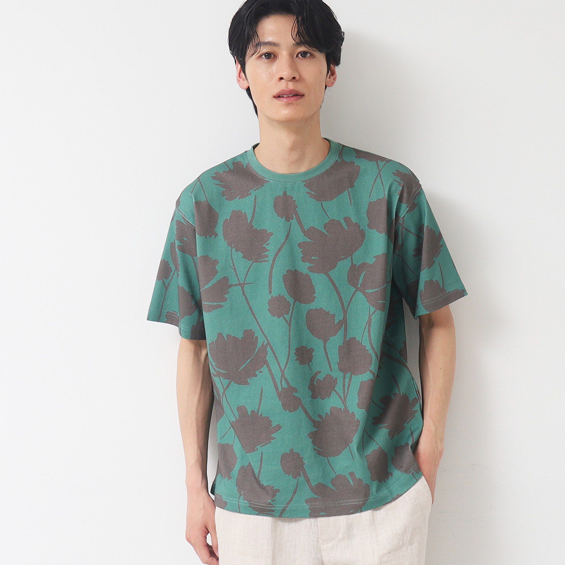 Dessin「【リンクコーデ・洗える】フラワープリントTシャツ」|Tシャツ・カットソー|グリーン(122)