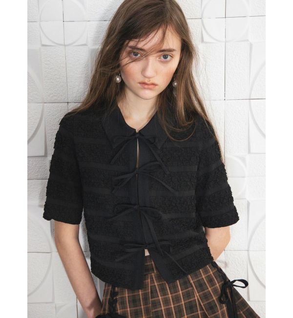 CALNAMUR「シャツカラーギャザーリボンカットソー」|シャツ・ブラウス|ブラック