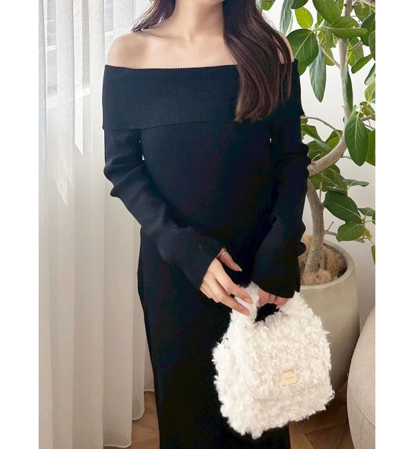 MERCURYDUO「レーストリムオフショルニットワンピース」|ワンピース|ブラック