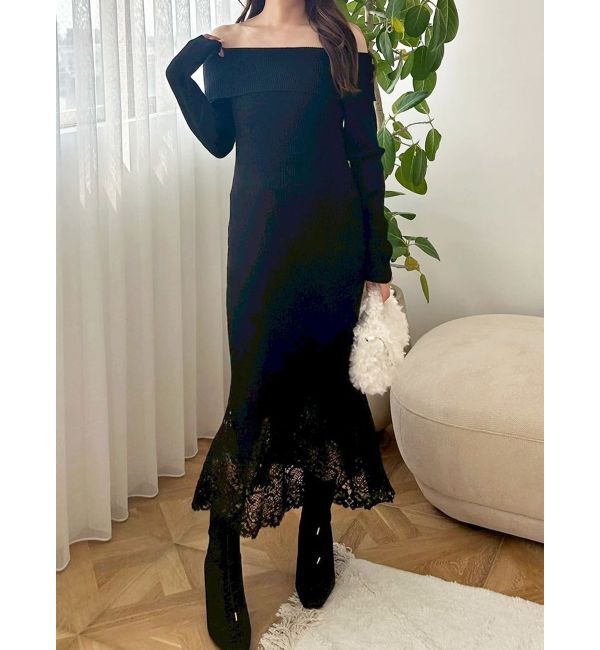 MERCURYDUO「レーストリムオフショルニットワンピース」|ワンピース|