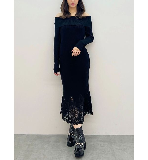 MERCURYDUO「レーストリムオフショルニットワンピース」|ワンピース|