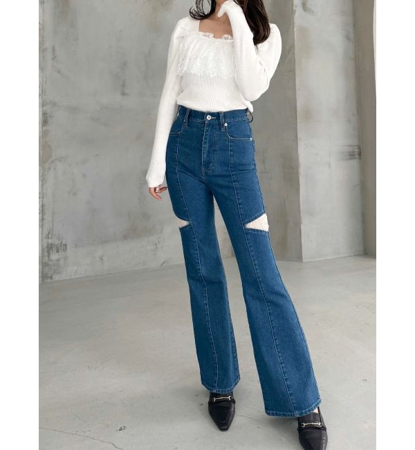 MERCURYDUO「レーストリミングカットアウトデニムパンツ」|デニム|