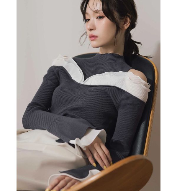 MERCURYDUO「プリーツフリル使いニット」|ニット・セーター|チャコールグレー