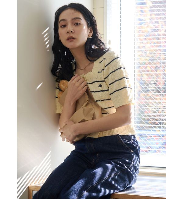 LAGUNAMOON「【POLO BCSコラボ】ブークレヤーンハーフスリーブコンパクトニットカーディガン」|ニット・セーター|イエロー