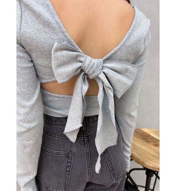 EVRIS「バックリボンスクエアネックリブトップス」|Tシャツ・カットソー|