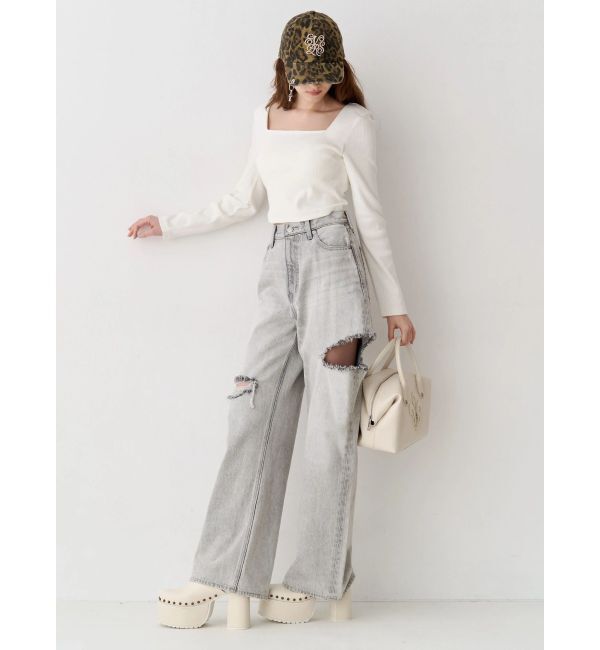 EVRIS「バックリボンスクエアネックリブトップス」|Tシャツ・カットソー|