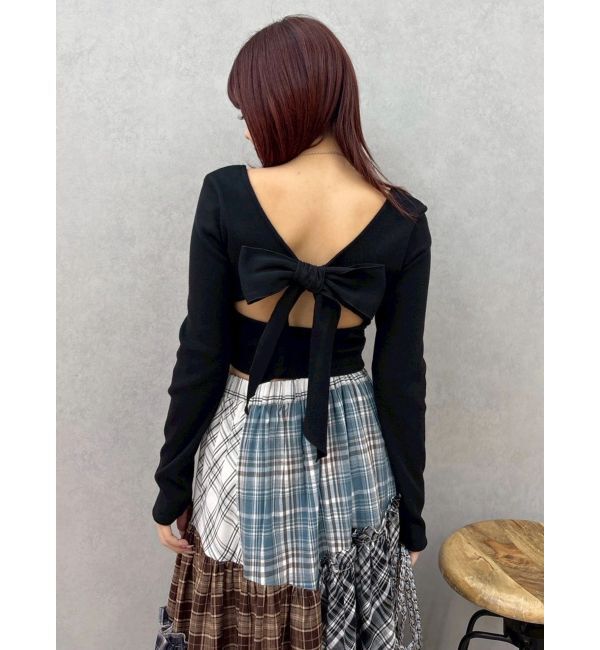 EVRIS「バックリボンスクエアネックリブトップス」|Tシャツ・カットソー|ブラック
