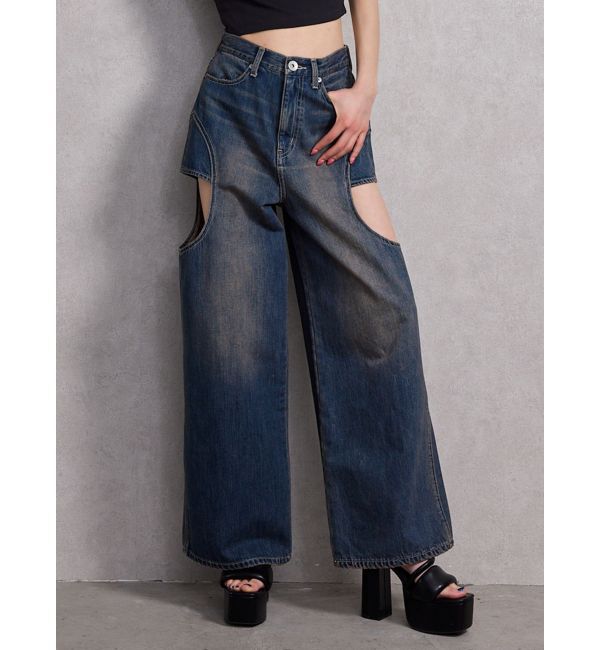 GYDA「ハイウエストサイドオープンデニムワイドパンツ」|デニム|ブルー