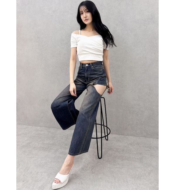 GYDA「ハイウエストサイドオープンデニムワイドパンツ」|デニム|