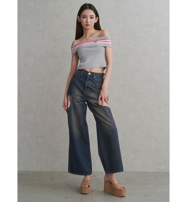 GYDA「ハイウエストサイドオープンデニムワイドパンツ」|デニム|