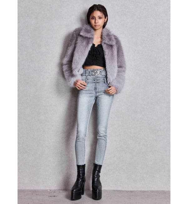 GYDA「ハイウエスト GD bijou MOLDフロントZIPスキニーデニムパンツ」|デニム|