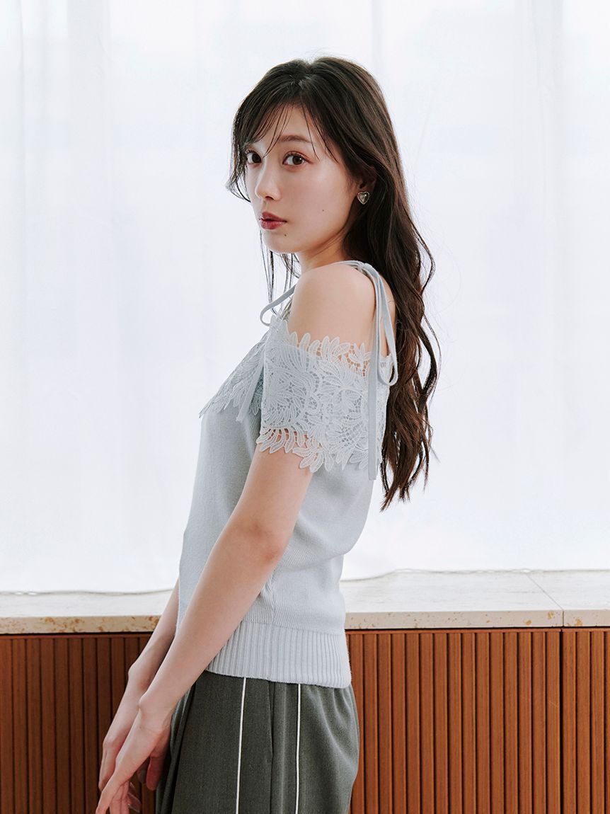 SNIDEL「レースコンビハーフスリーブニットプルオーバー」|ニット・セーター|