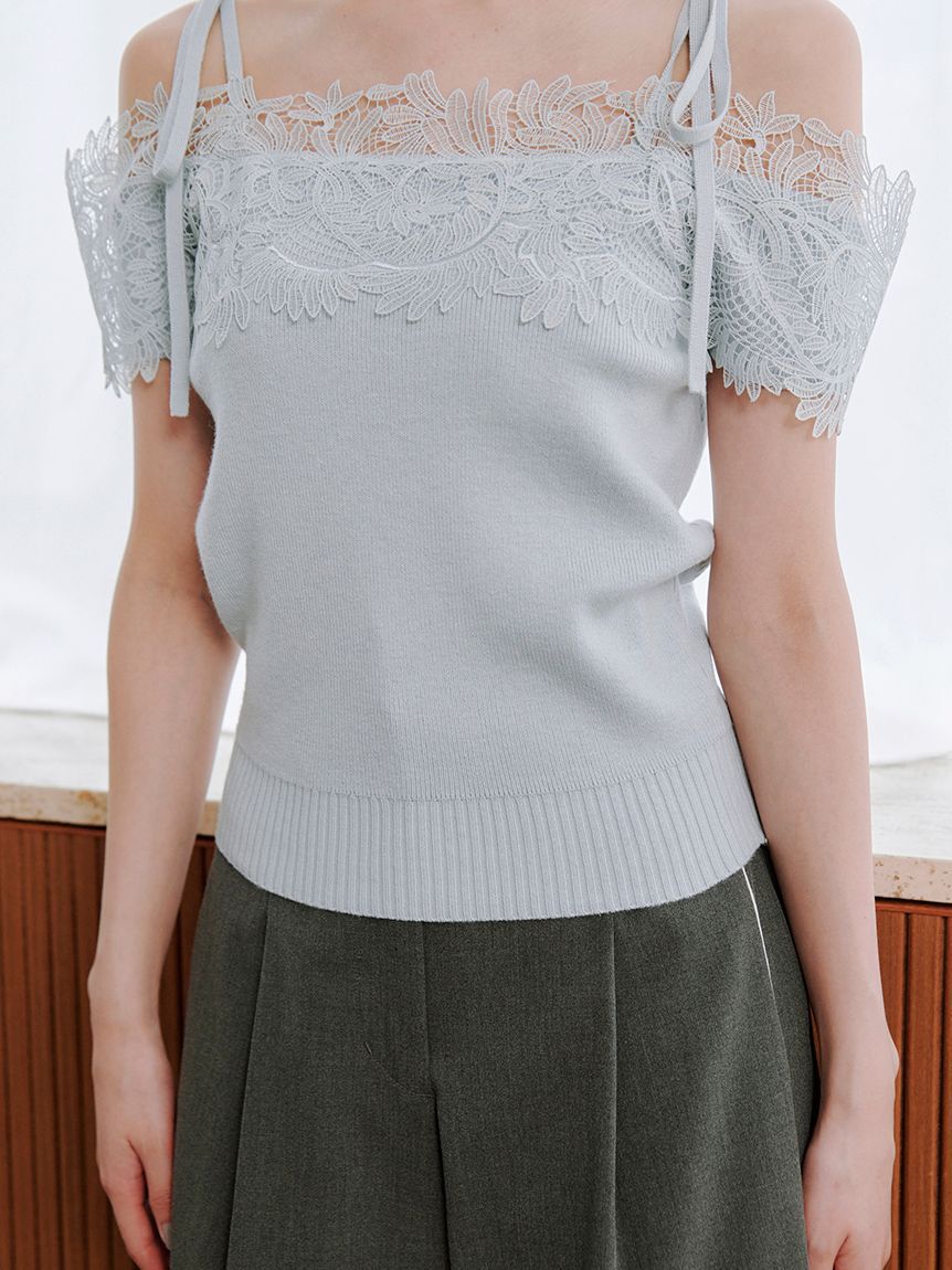 SNIDEL「レースコンビハーフスリーブニットプルオーバー」|ニット・セーター|