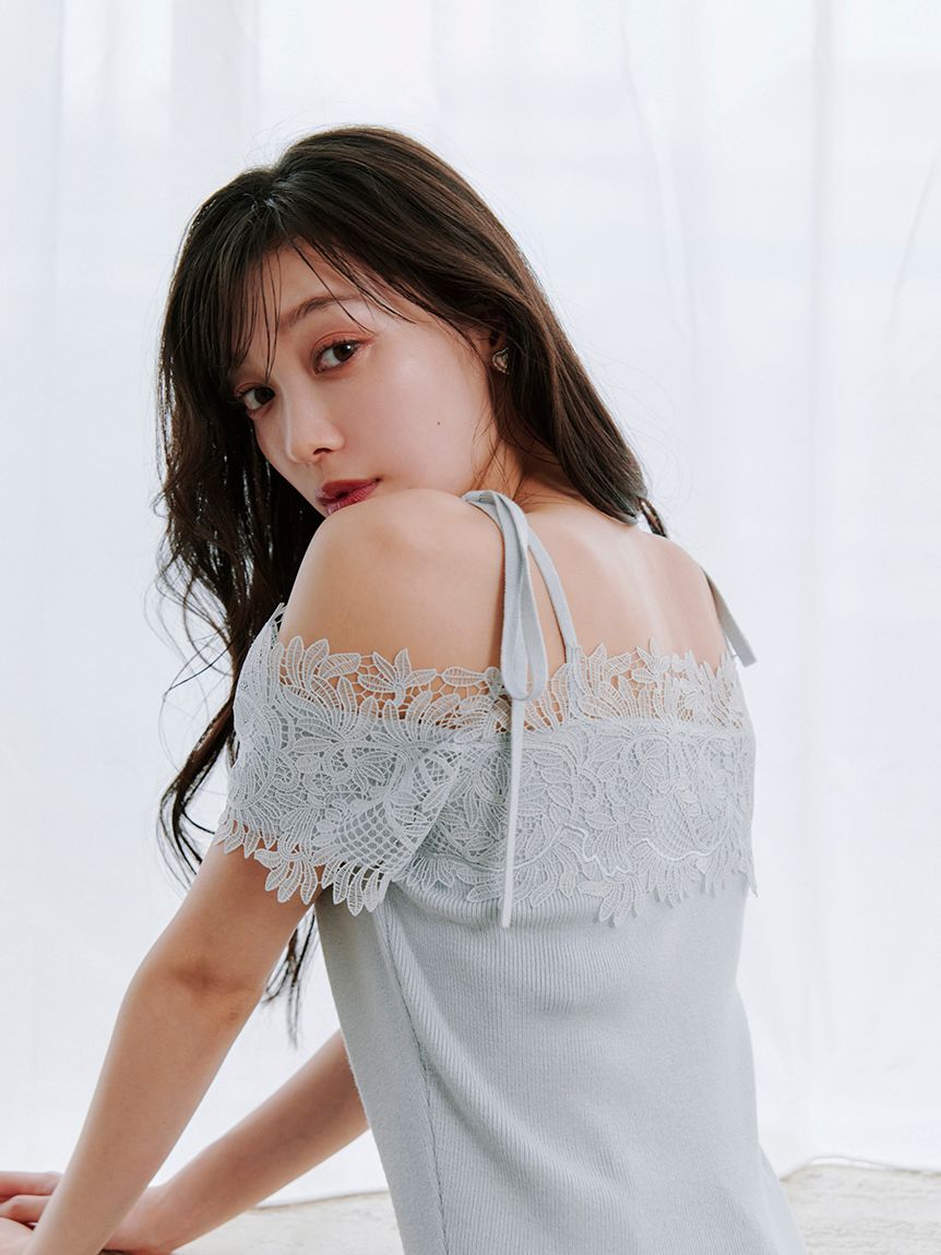 SNIDEL「レースコンビハーフスリーブニットプルオーバー」|ニット・セーター|