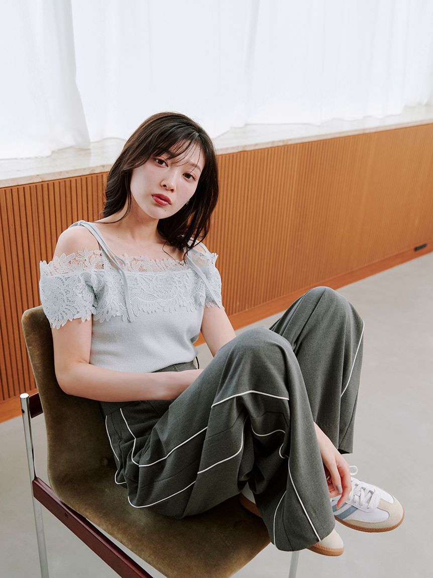 SNIDEL「レースコンビハーフスリーブニットプルオーバー」|ニット・セーター|