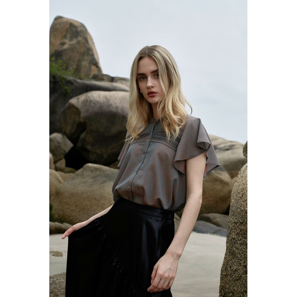 BACKYARD FAMILY「MIND ピンタックブラウス 通販 ブラウス バンドカラーブラウス 半袖 シャツ 前開き」|シャツ・ブラウス|オレンジ1