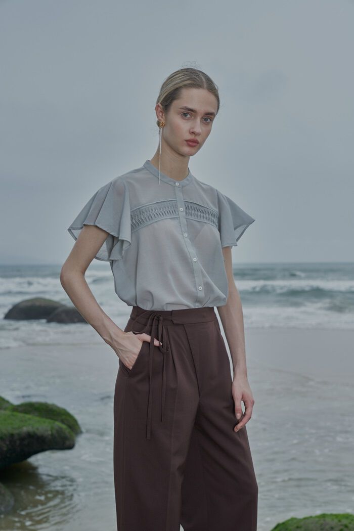 BACKYARD FAMILY「MIND ピンタックブラウス 通販 ブラウス バンドカラーブラウス 半袖 シャツ 前開き」|シャツ・ブラウス|