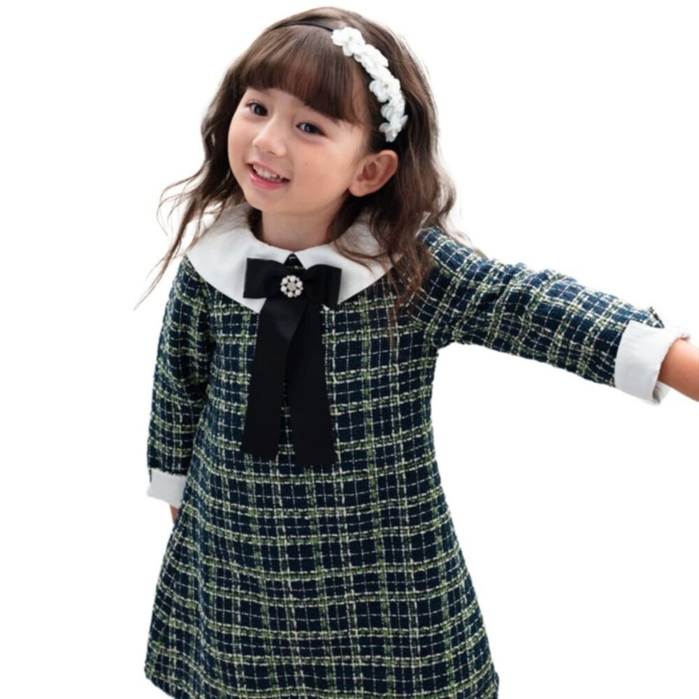 BACKYARD FAMILY「Rora ワンピース 通販 パハリータ ブローチ付きワンピース 子供服 ワンピ 長袖」|その他|グリーン1