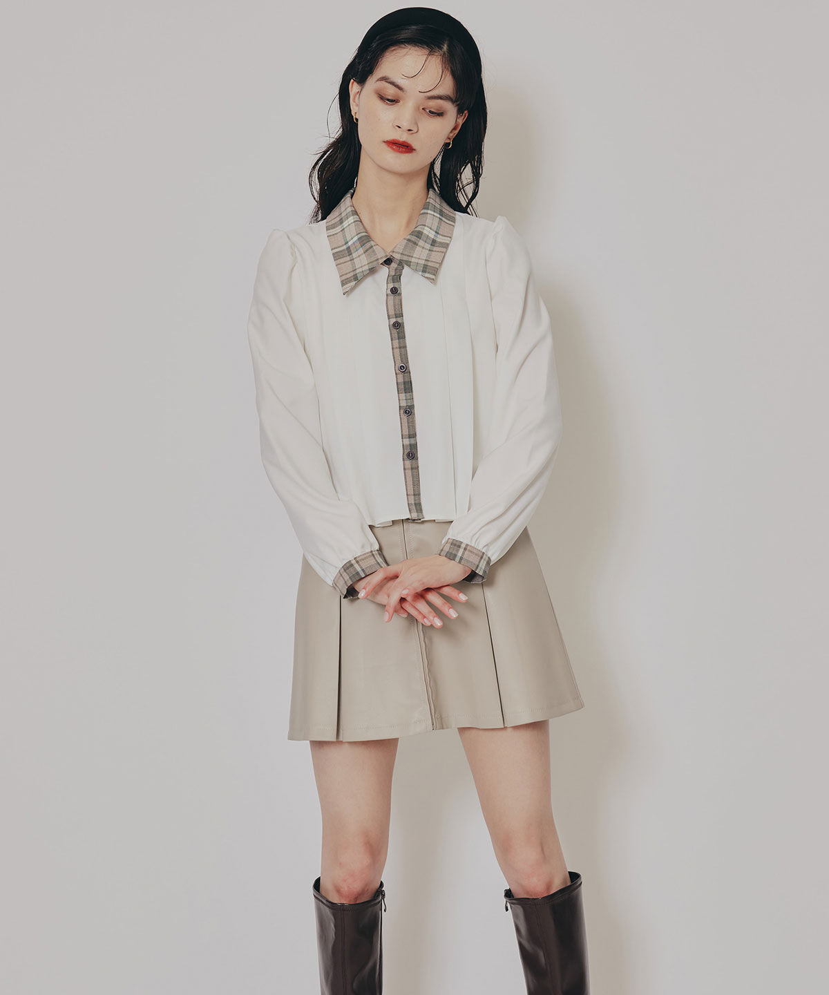 REDYAZEL「チェックバイカラーリボンタイブラウス」|シャツ・ブラウス|