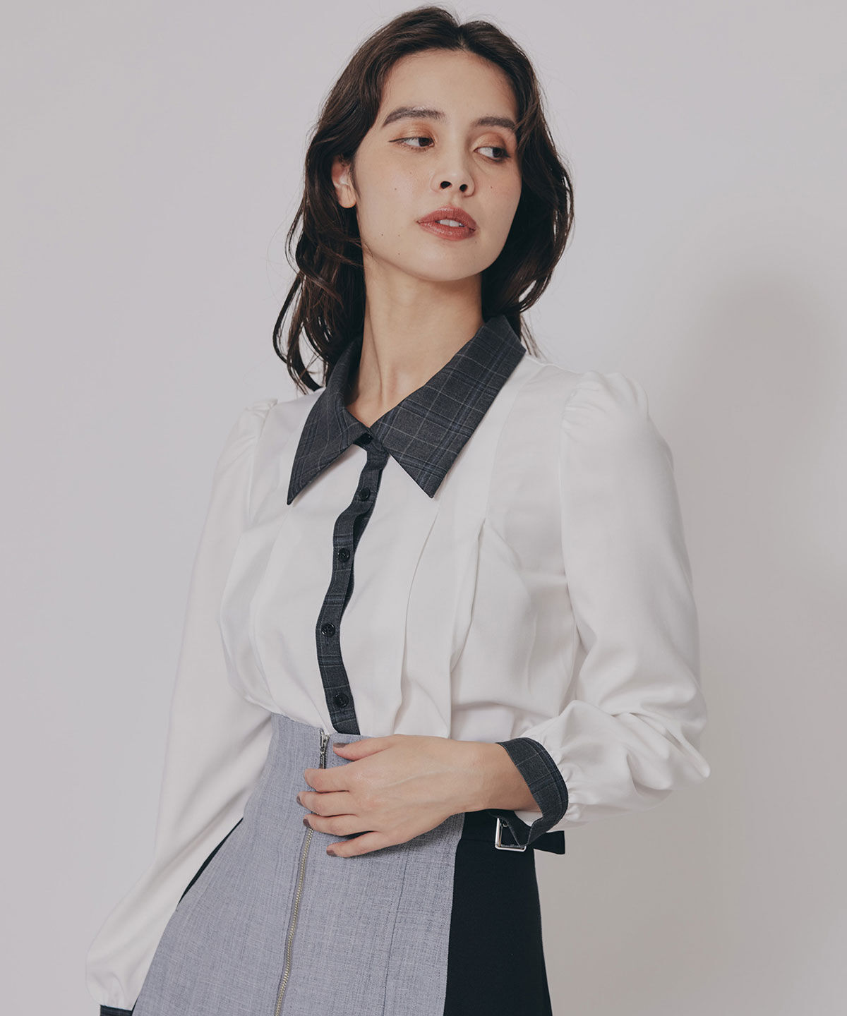 REDYAZEL「チェックバイカラーリボンタイブラウス」|シャツ・ブラウス|