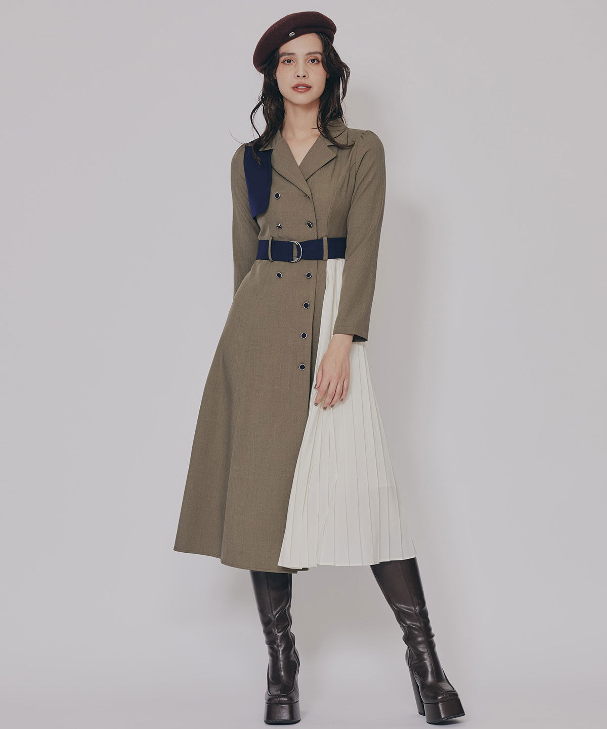 REDYAZEL「バイカラープリーツトレンチワンピース」|ワンピース|カーキ