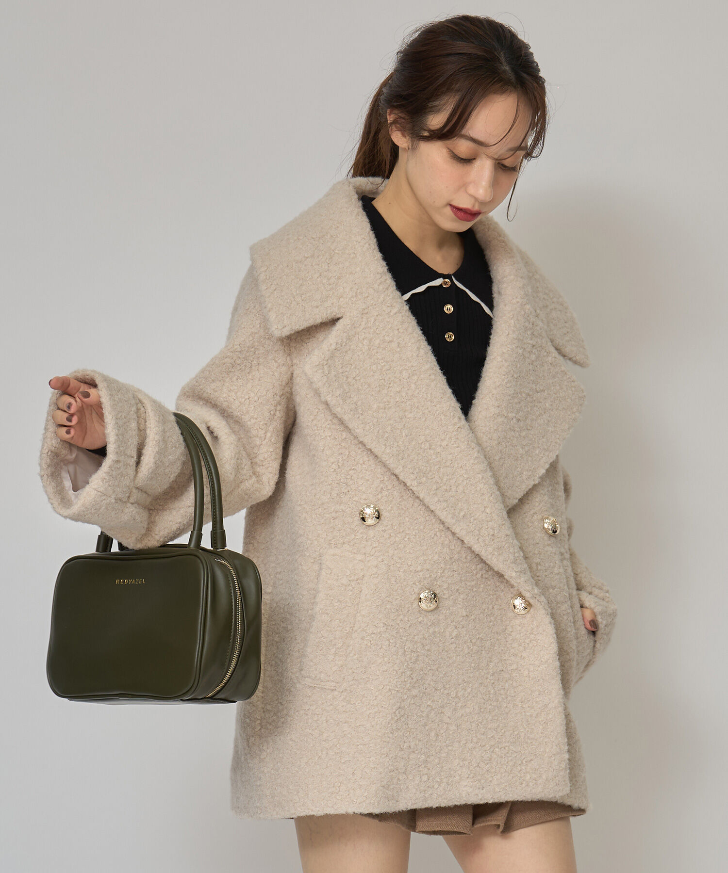 REDYAZEL「ボアダブルミドルコート」|ステンカラーコート|ベージュ