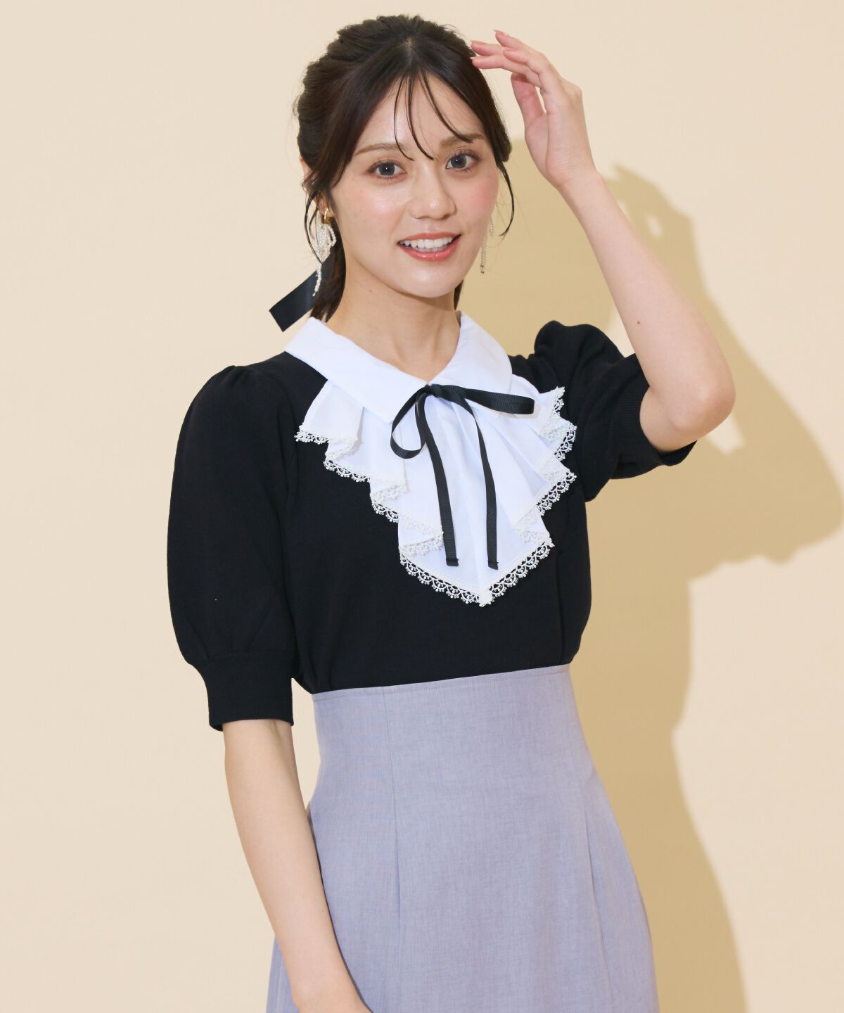 WILLSELECTION「レースラッフルプルオーバー」|ニット・セーター|ブラック