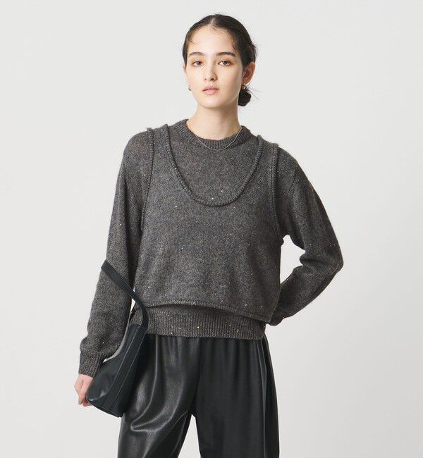 UNITED ARROWS「フラワー スパンコール クルーネック ニット」|ニット・セーター|DK.GRAY