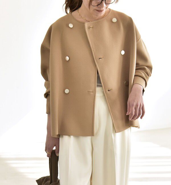 quaranciel「quaranciel:〈手洗い可能〉ニット ノーカラー ダブル ジャケット カーディガン」|カーディガン|