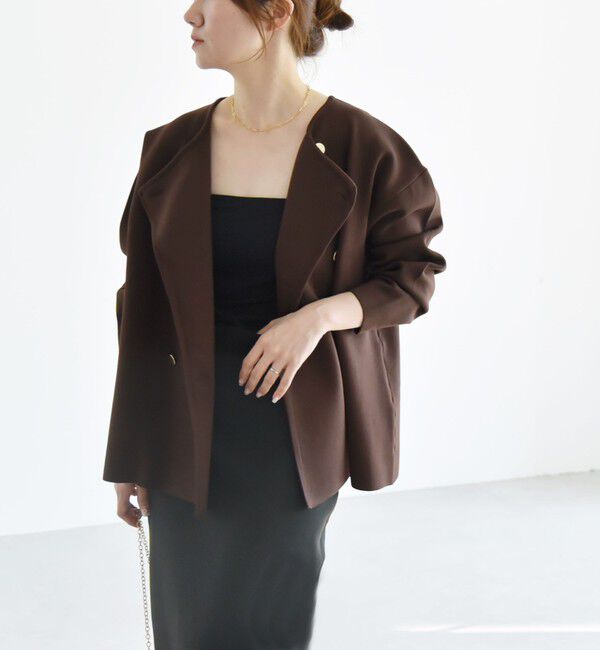 quaranciel「quaranciel:〈手洗い可能〉ニット ノーカラー ダブル ジャケット カーディガン」|カーディガン|