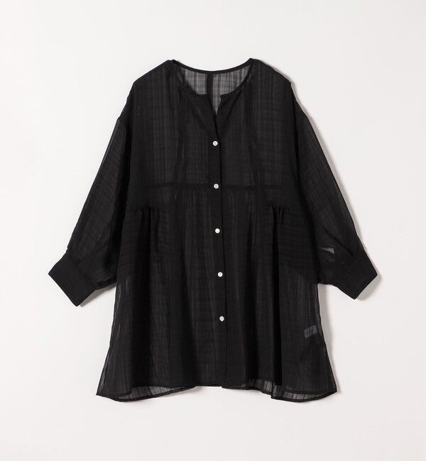 quaranciel「quaranciel:〈手洗い可能〉シアー チェック ノーカラー ハーフスリーブ ブラウス」|シャツ・ブラウス|