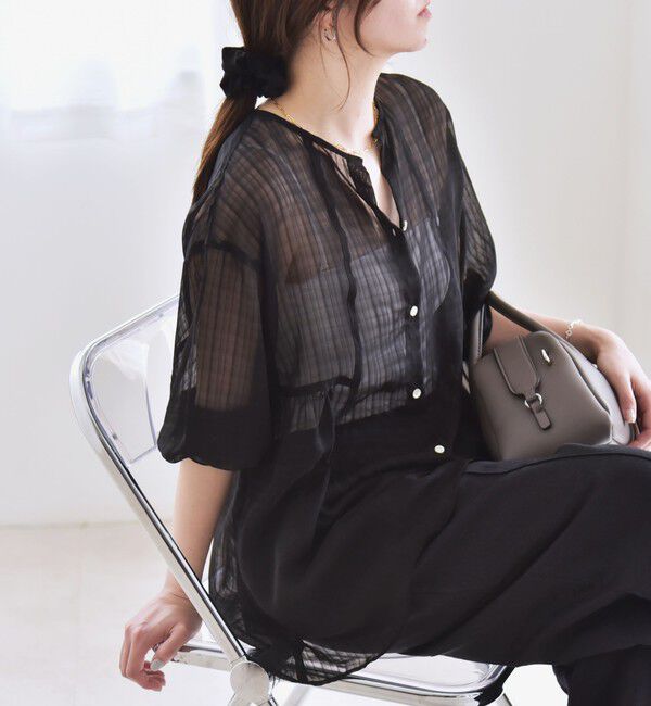 quaranciel「quaranciel:〈手洗い可能〉シアー チェック ノーカラー ハーフスリーブ ブラウス」|シャツ・ブラウス|