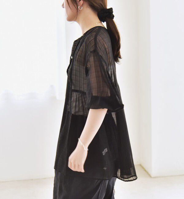 quaranciel「quaranciel:〈手洗い可能〉シアー チェック ノーカラー ハーフスリーブ ブラウス」|シャツ・ブラウス|