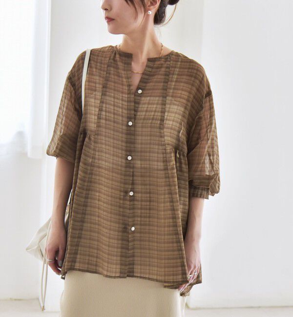 quaranciel「quaranciel:〈手洗い可能〉シアー チェック ノーカラー ハーフスリーブ ブラウス」|シャツ・ブラウス|