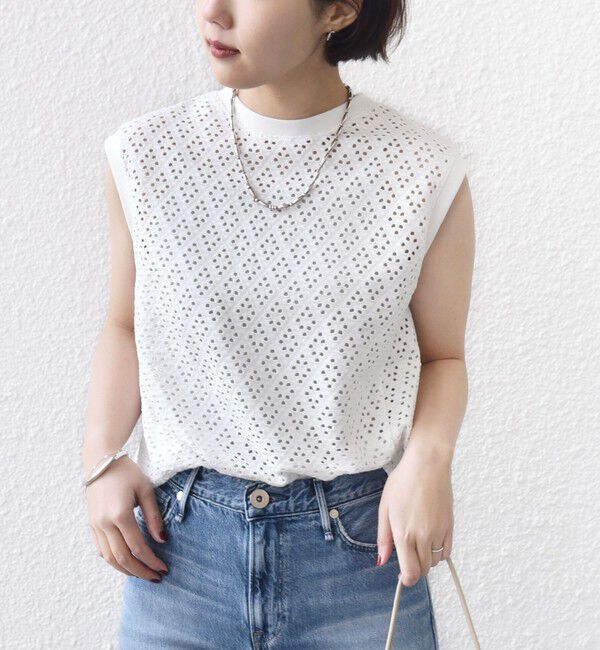 SHIPS for women「《予約》〈手洗い可能〉アイレット ノースリーブ フレア プルオーバー」|Tシャツ・カットソー|ホワイト