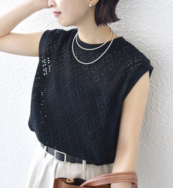 SHIPS for women「《予約》〈手洗い可能〉アイレット ノースリーブ フレア プルオーバー」|Tシャツ・カットソー|ブラック