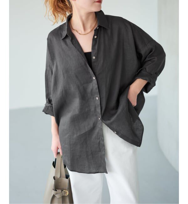 Spick and Span「《ゆったりサイズ》追加予約 80リネンカシュクール ビッグシャツ」|シャツ・ブラウス|ブラック B