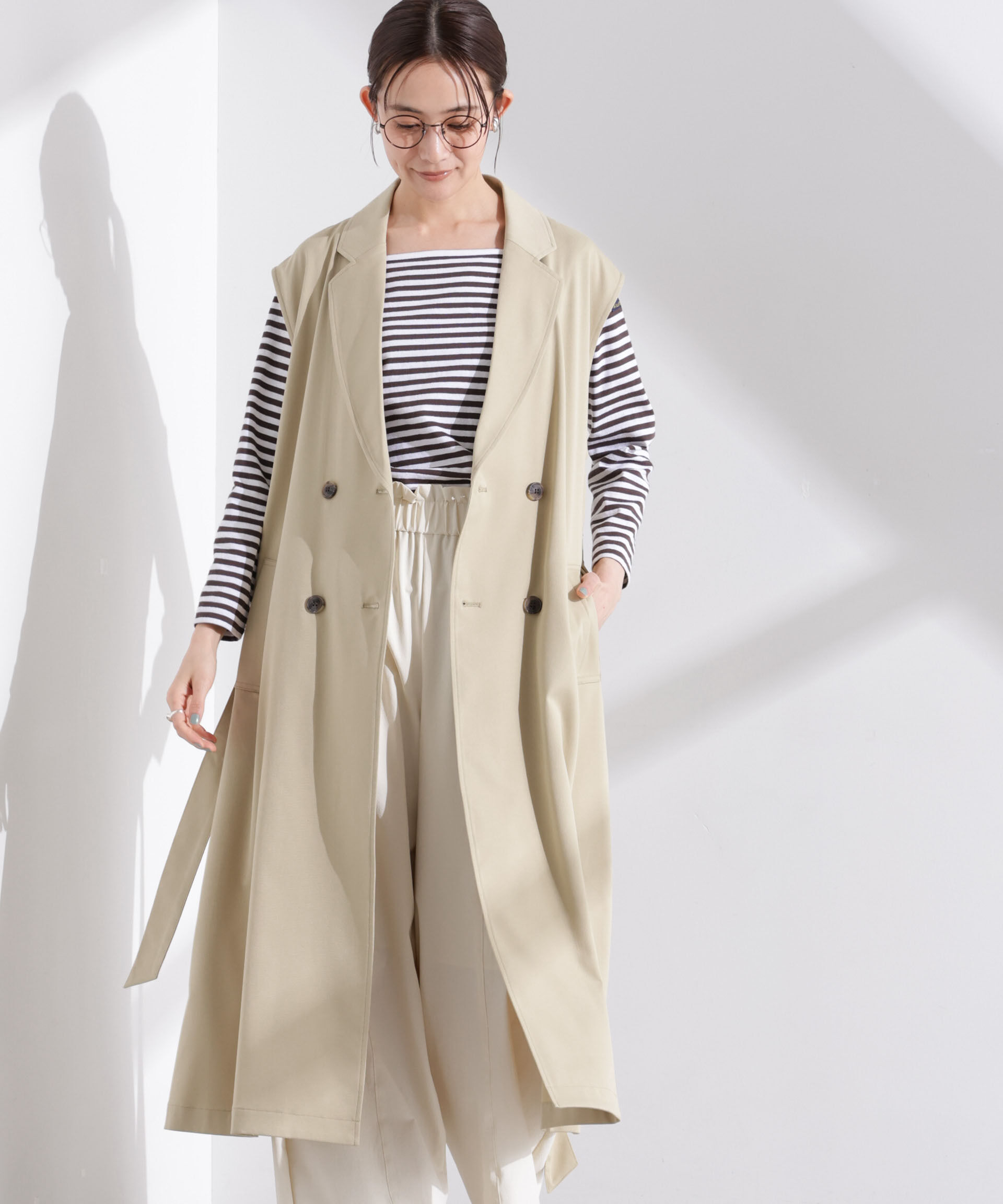nano･universe「ダブルボタンロングジレ」|テーラードジャケット|ベージュ