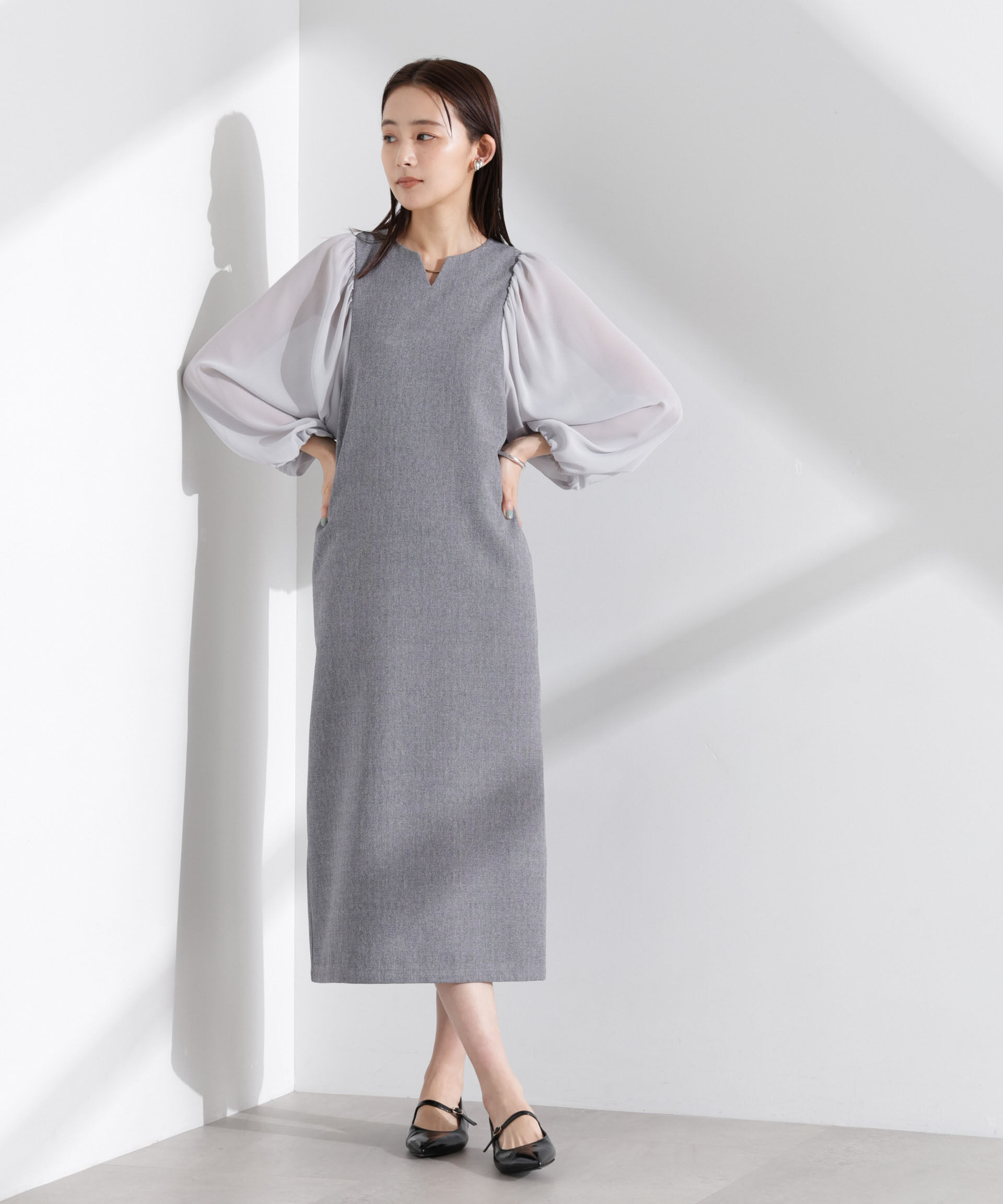 nano･universe「シアーボリュームスリーブコンビワンピース」|ワンピース|