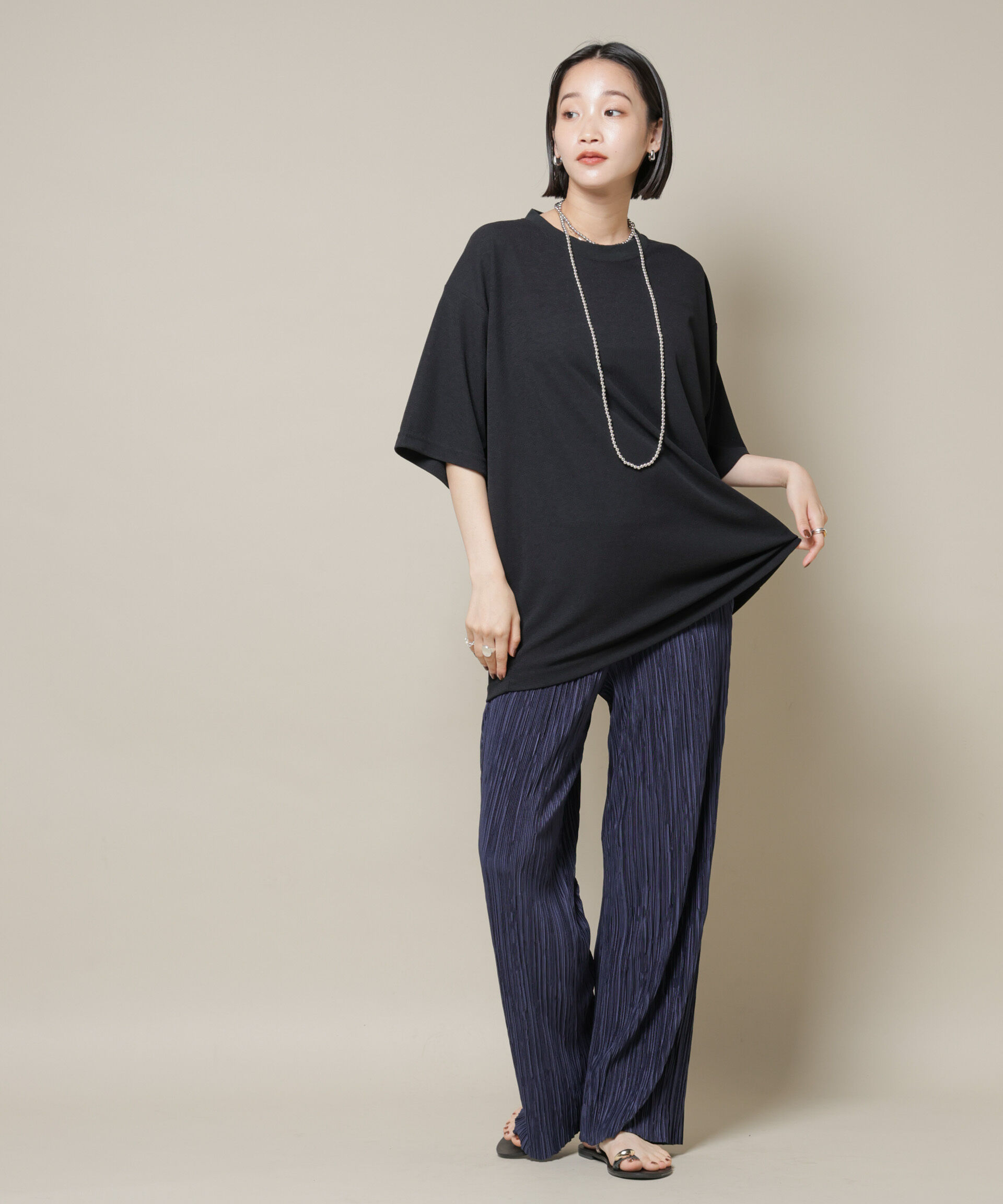 nano･universe「ランダムプリーツカットセミワイドパンツ(セットアップ可)」|チノ|