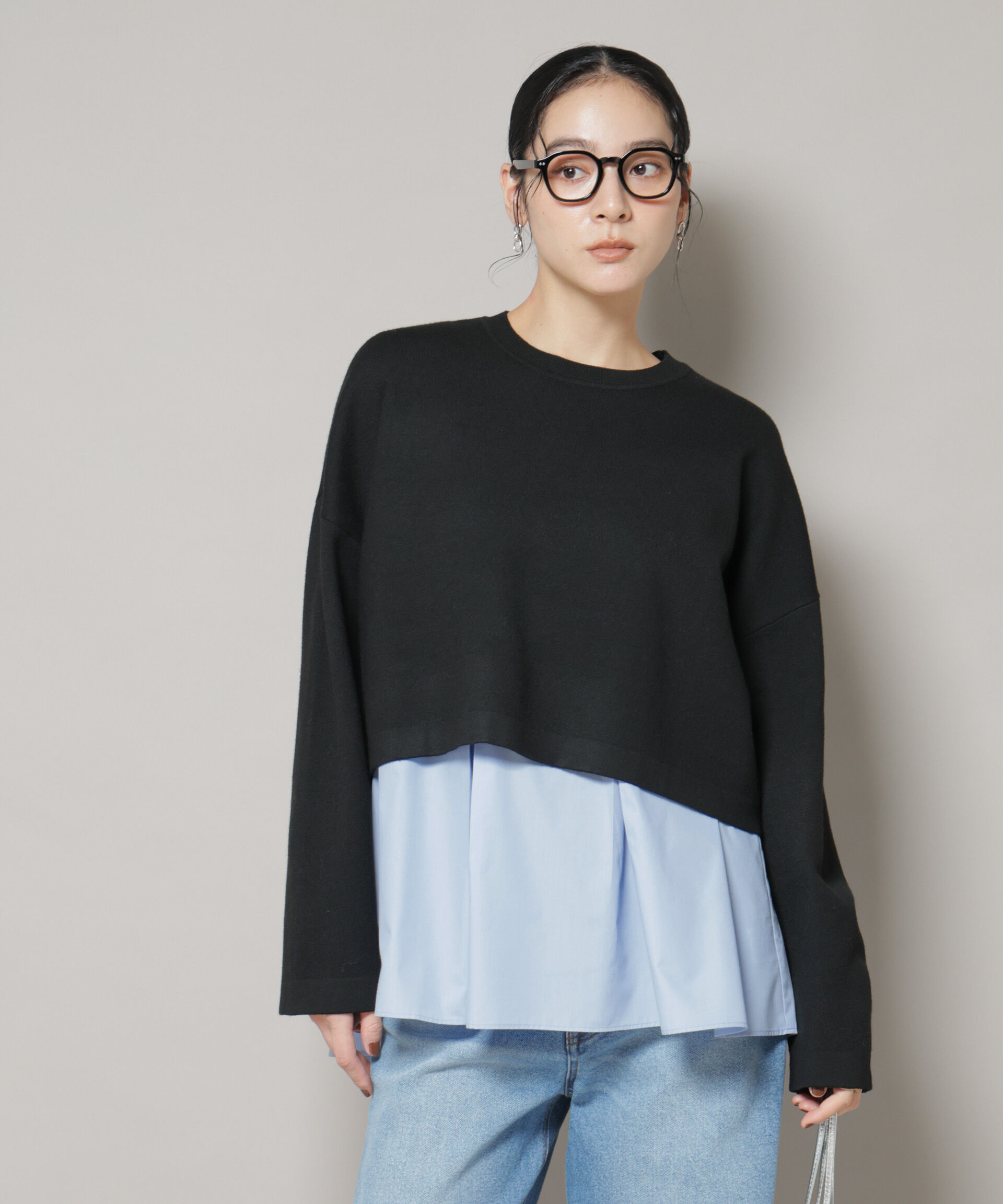 nano･universe「ダブルジャガードニット&times;タックブラウス ペプラムセット」|ニット・セーター|ブラック