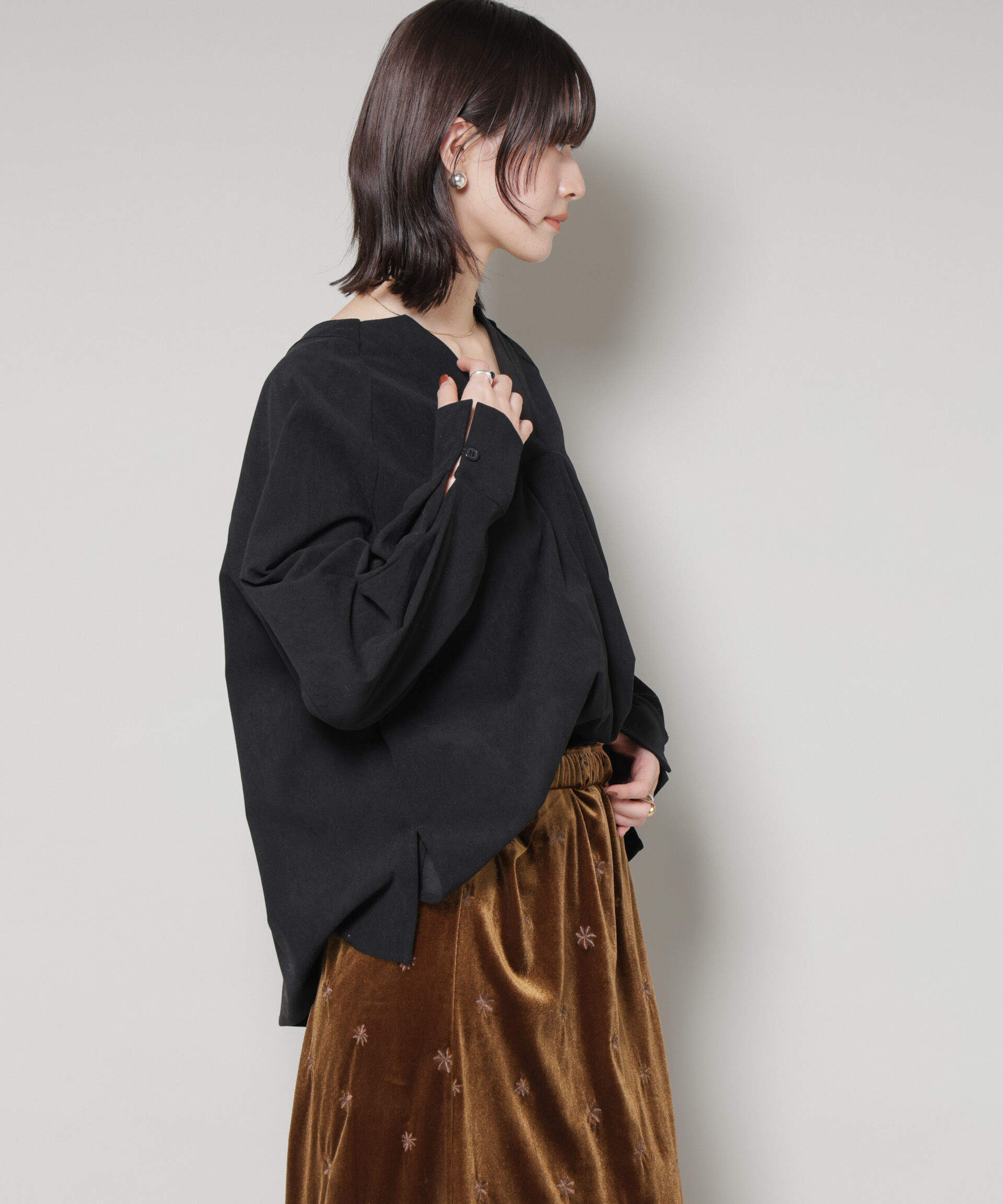 nano･universe「ストレッチ起毛スキッパープルオーバーブラウス(セットアップ可)」|シャツ・ブラウス|